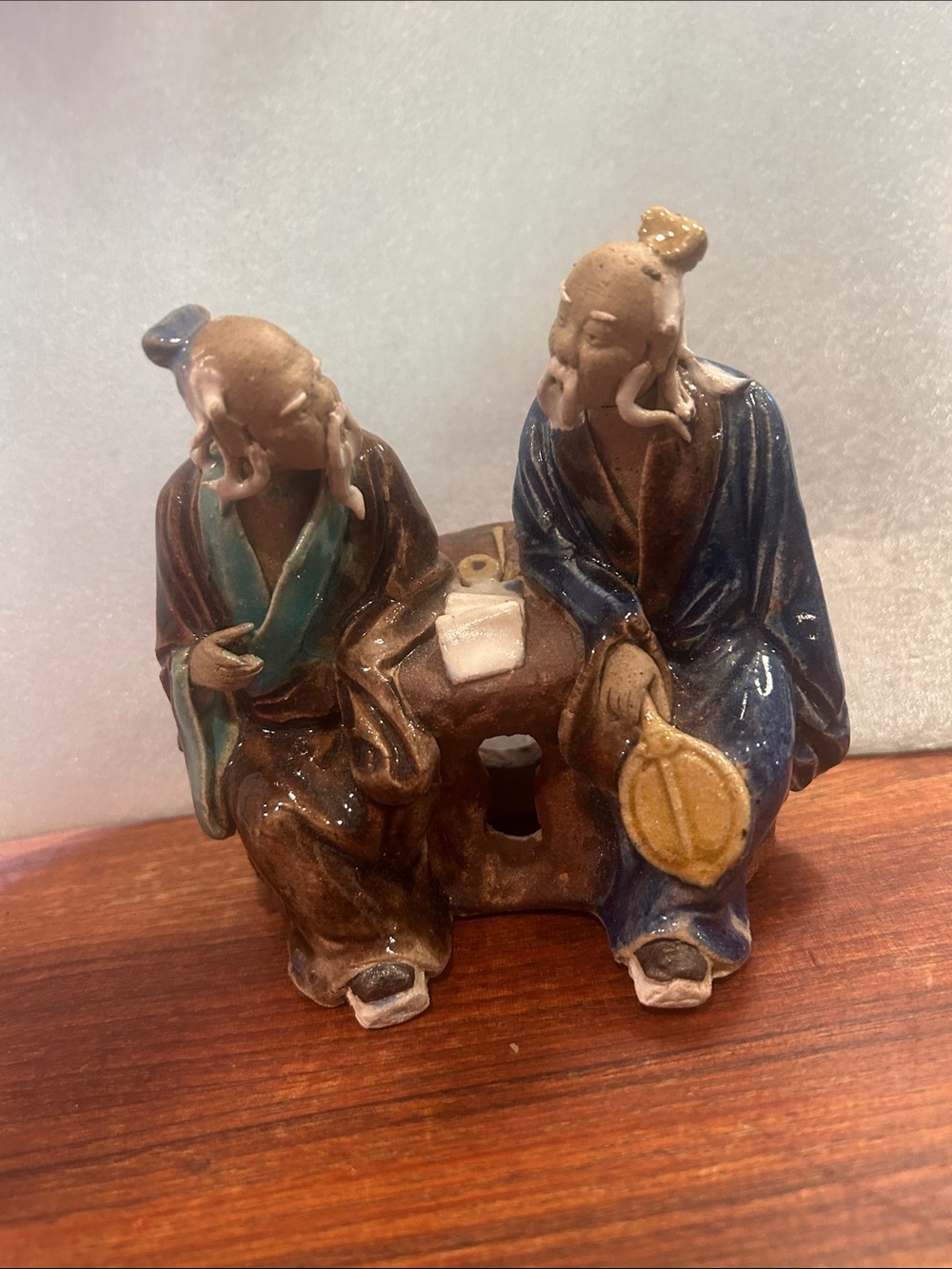 Muen Blue and Brown Ceramic Figurine of Two Scholars